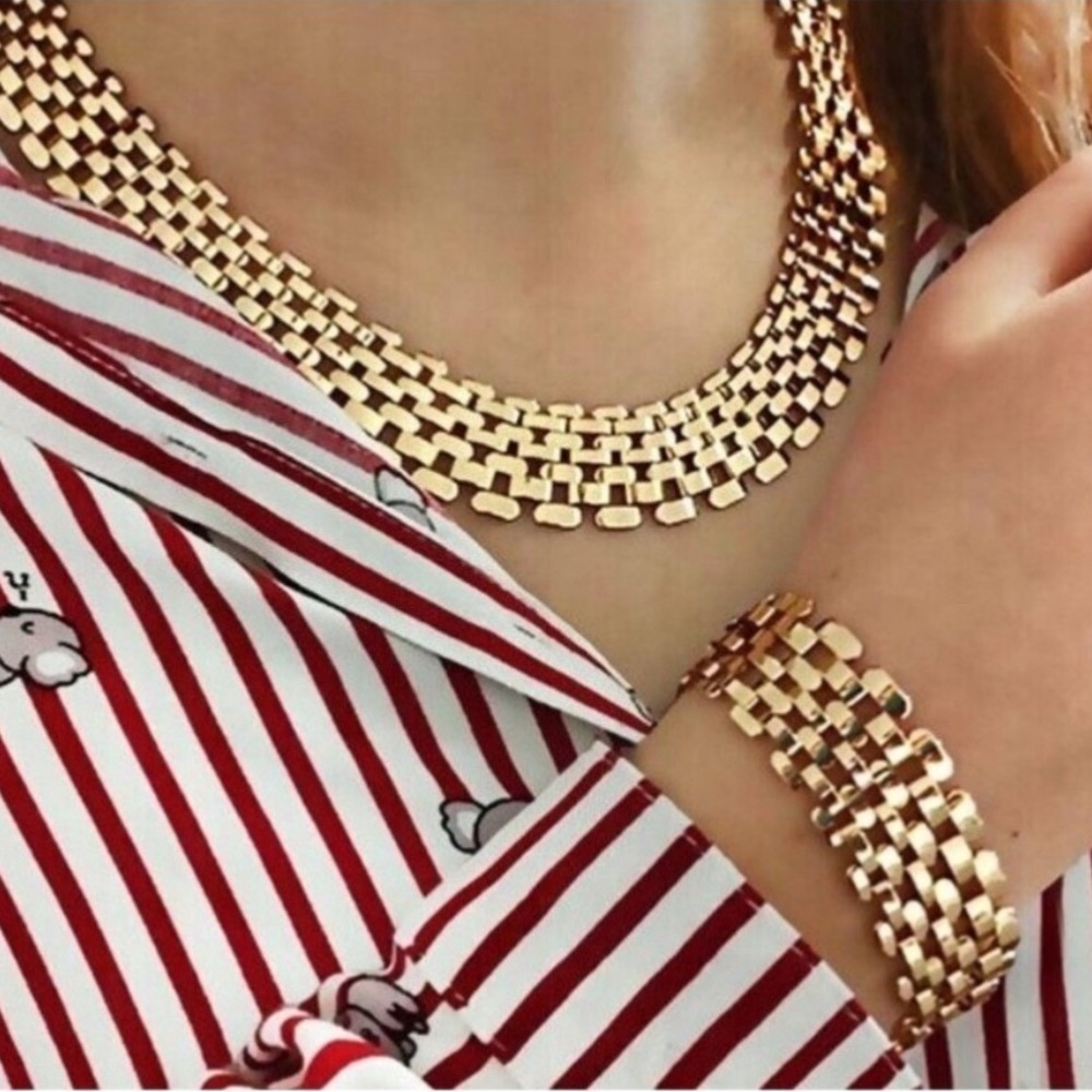 Cleopatra Collar Necklace Bib Style Row Choker Modernist Gold Tone